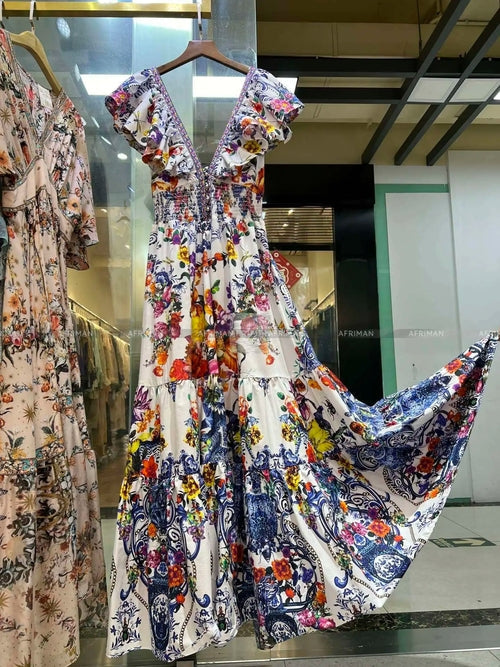 Women V Neck Crystal Beaded Flying Sleeve Retro Flower Print Elastic